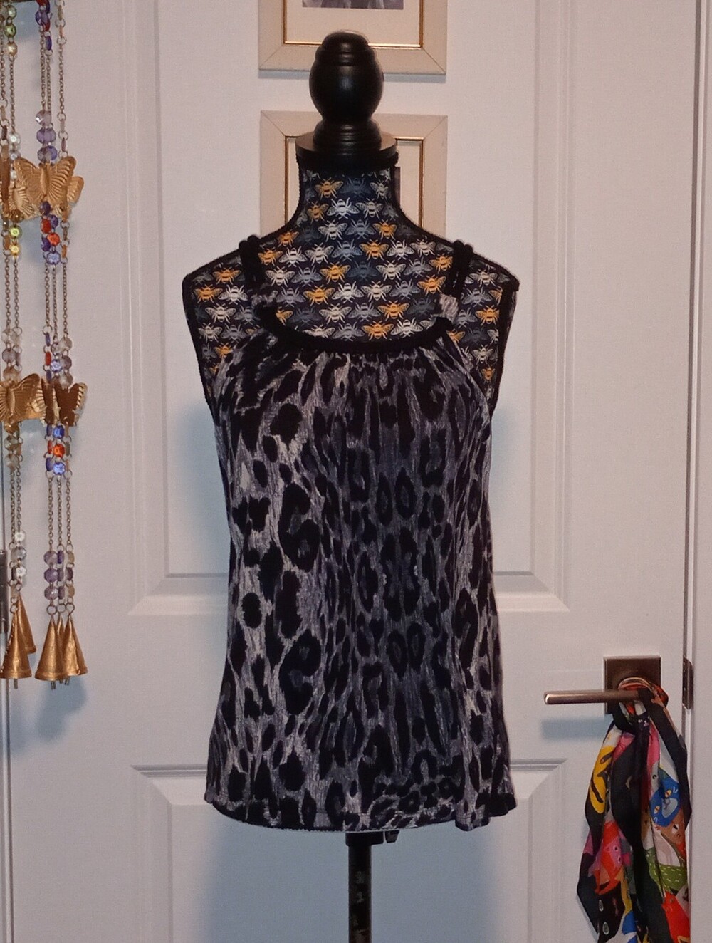 Black and grey leopard print top with braided straps